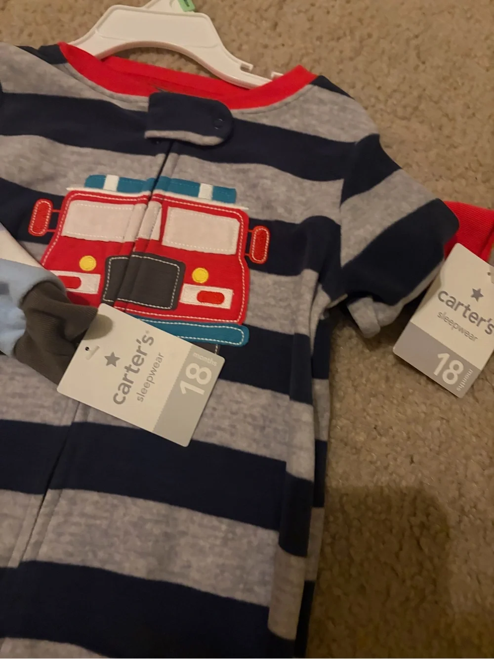 Carter's Blue Striped Monkey & Navy Striped Firetruck One-Piece fleece sleeper